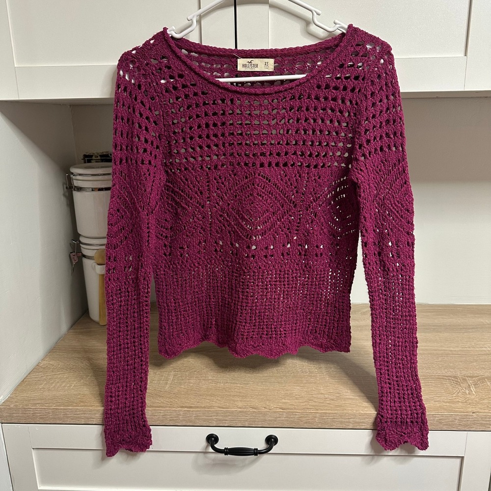 Y2K Crochet Knit Sweater Womens XS Hollister‎ Magenta Boho Open-Knit Coachella